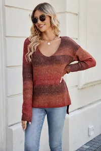 Western style V-neck ombré knit sweater with irregular hem in warm earth tones.