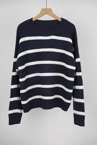Detailed view of navy blue and white striped knit sweater with soft ribbed texture