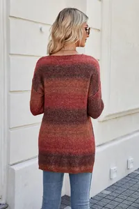 Back view of women's long sleeve ombre gradient knitted tunic sweater in warm tones