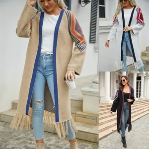 Women Long Tassel Knitted Cardigan Sweater Bohemian Geometric Pattern Open Front Fringe Patchwork Knitwear Outerwear Top