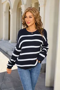 Retro navy and white striped knit sweater detail, loose preppy style fashion fit.