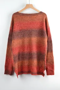 Long-sleeve women's knit sweater featuring a horizontal warm-tone gradient effect.