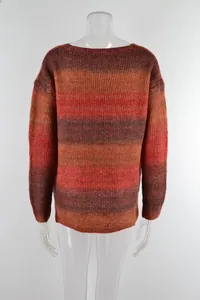 Back view of women's gradient knitted pullover sweater with horizontal ombre stripes