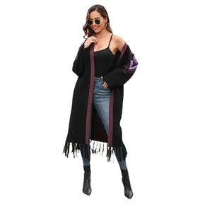 Elegant long black knit cardigan with purple accents and trendy fringe hem for women