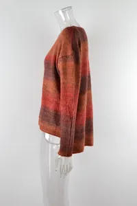 Side view of a women's gradient knit sweater with warm ombre tones on a mannequin.