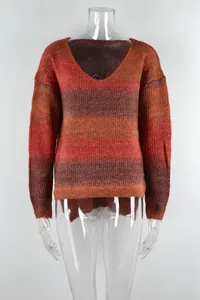 Front view of women's V-neck gradient striped tie-dye knitted sweater on mannequin