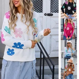 Women's Floral Jacquard Knit Sweater Color Block Crew Neck Long Sleeve Loose Pullover Jumper Casual European Style Top