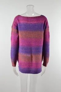 Back view of a women's colorful tie-dye gradient knit pullover on a clear mannequin