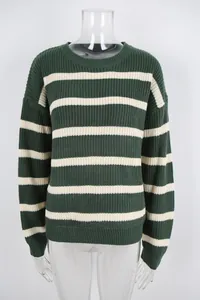Detailed view of the striped knit texture on a green and white crewneck sweater