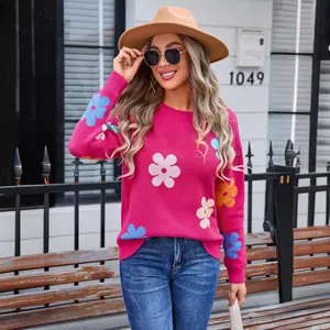 Stylish hot pink floral crew neck knit sweater for women's spring street style fashion