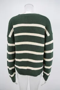 Back view of a retro green and white striped knit sweater with loose preppy style