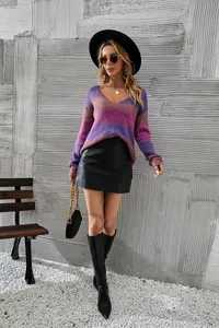 Stylish V-neck tie-dye gradient knit sweater for women, elegant spring fashion outfit