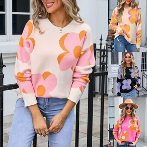 Women Round Neck Floral Jacquard Sweater Loose Fit Long Sleeve Knit Pullover Retro Flower Pattern Casual Streetwear Top
