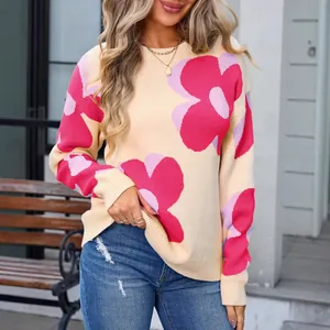 Stylish women's round neck knit sweater featuring large pink and purple floral prints