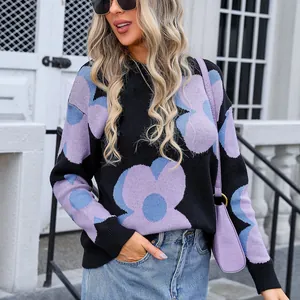 Casual women's black round neck knit sweater featuring large purple and blue flower prints