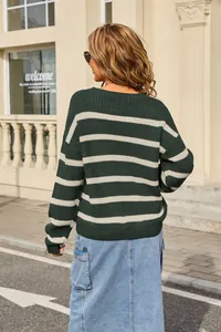 Back view of a retro striped knit sweater in dark green and white, loose fit style.