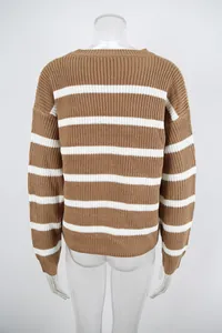 Back view of brown and white horizontal striped oversized knit sweater for women
