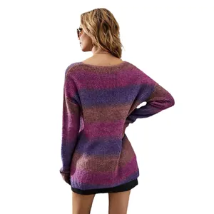 Women's stylish gradient knit sweater with purple and pink tie-dye pattern back view