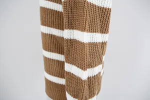 Macro view showcasing the high-quality knit texture of a brown and white striped sweater