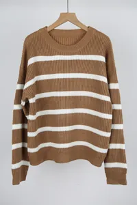 Front view of a retro brown and white horizontal striped loose knitted sweater for women