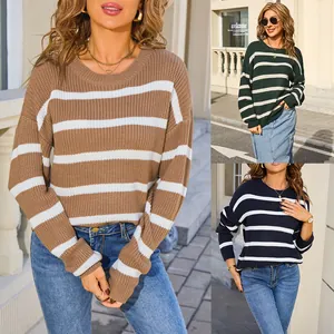 Retro Contrast Striped Knit Sweater Women Autumn Winter Loose Lazy Style Preppy Round Neck Long Sleeve Pullover Knitwear Top