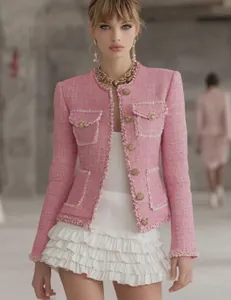Elegant pink tweed slim-fit jacket featuring gold buttons for women's chic fashion.