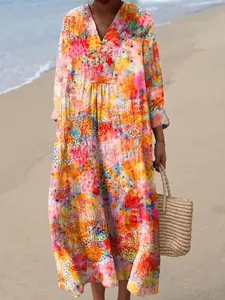 Women Elegant V-Neck Long Sleeve Maxi Dress Loose Bohemian Beach Vacation A-Line Polyester Printed Long Dress