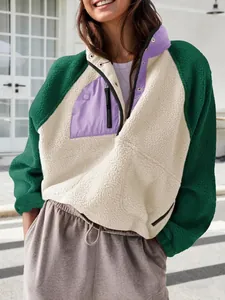 Sudadera de Felpa para Mujer Poliéster Bloques de Color Cuello Alto Ajuste Holgado Top de Invierno Con Bolsillo con Cremallera Casual Streetwear