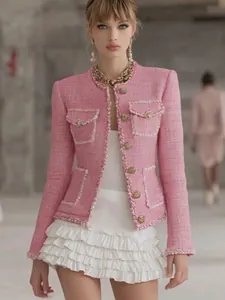 Women Elegant Single Breasted Slim Fit Pink Blazer Top Polyester Jacket Office Lady Vintage Style Tweed Design Outerwear