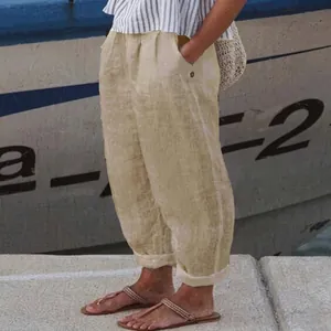 Beige casual linnen damesbroek met een losse pasvorm en handige steekzakken
