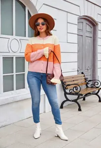 Cardigan rayé color-block pour femme avec poignets à volants et boutonnière ronde