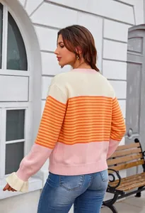 Vue arrière détaillée d'un cardigan en maille rayé et color-block ample pour femmes.