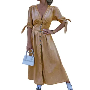 Elegant faux denim midi dress with waist cinch and button-down front, summer style