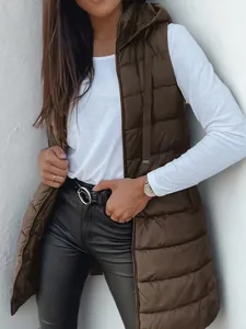 Gilet lungo trapuntato marrone da donna con cappuccio, cappotto invernale casual