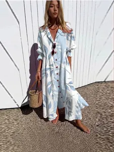 Elegant women's long-sleeved leafy print maxi dress with lapel collar and buttons