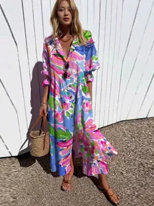 Elegant multi-color floral print long-sleeve maxi dress with lapel collar for women