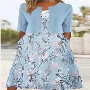 Floral print midi dress set with a light blue cropped cardigan for elegant women