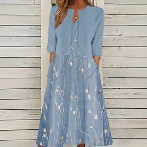Detailed view of a blue floral V-neck long dress with pockets and seven-point sleeves.