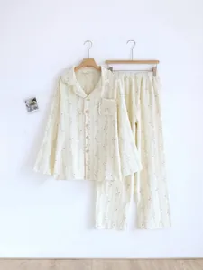 Sweet pastoral floral printed cotton gauze pajama set with long sleeves and pants