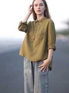 Camicia casual a maniche lunghe in lino e cotone verde oliva con colletto