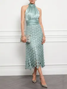 Elegant halter neck satin dress with unique 3D laser-cut circle layered skirt for women