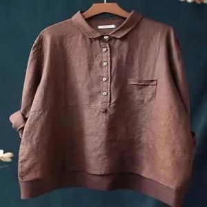 Elegante camicia marrone a maniche lunghe in cotone e lino da donna con colletto a rever