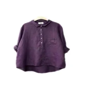 Camicia casual a maniche lunghe in misto lino e cotone viola con colletto a rever.
