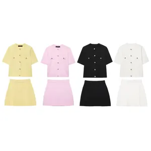 Minimalist short-sleeve knit cardigan and skirt set in yellow, pink, black, white