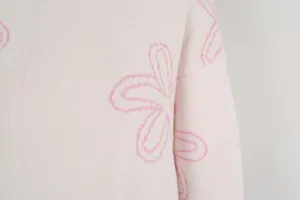 Close-up detail of pink floral knit sweater showing soft fabric texture and stitching