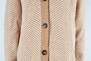Detailed close-up shot of a women's chevron knit cardigan featuring elegant brown buttons