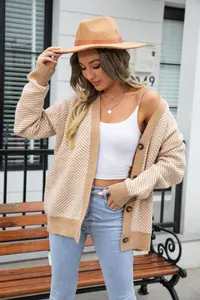 Close-up detail of the khaki chevron knit pattern on this stylish V-neck women's cardigan