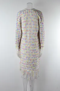 Back view of a stylish colorful long-knit cardigan sweater with elegant fringe details.