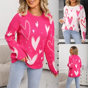 Women Heart Print Sweater Crew Neck Loose Pullover Long Sleeve Core Spun Yarn Jacquard Knit Jumper Streetwear Fashion Top