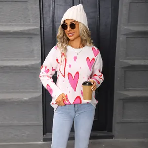 Women's heart pattern loose pullover sweater with round neck and long sleeves
